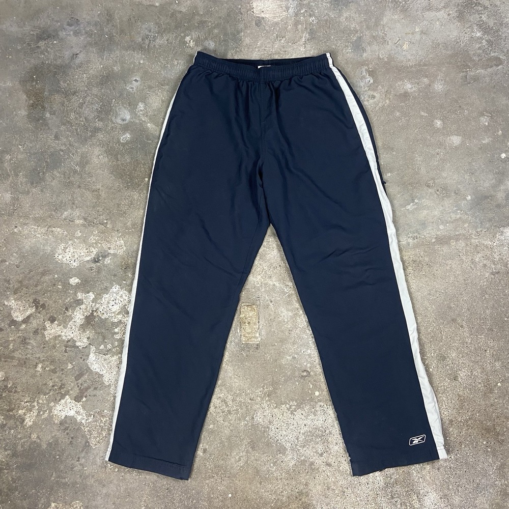 Vintage Reebok Track Pants Size Large Navy Blue Elastic Waist Pockets Gym Wear